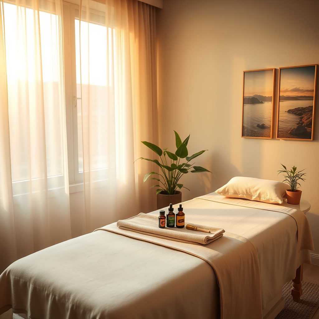 Sala de massagem com maca coberta, frascos de óleo sobre uma toalha e plantas perto de janela ensolarada Sala de massagem com maca coberta, frascos de óleo sobre uma toalha e plantas perto de janela ensolarada