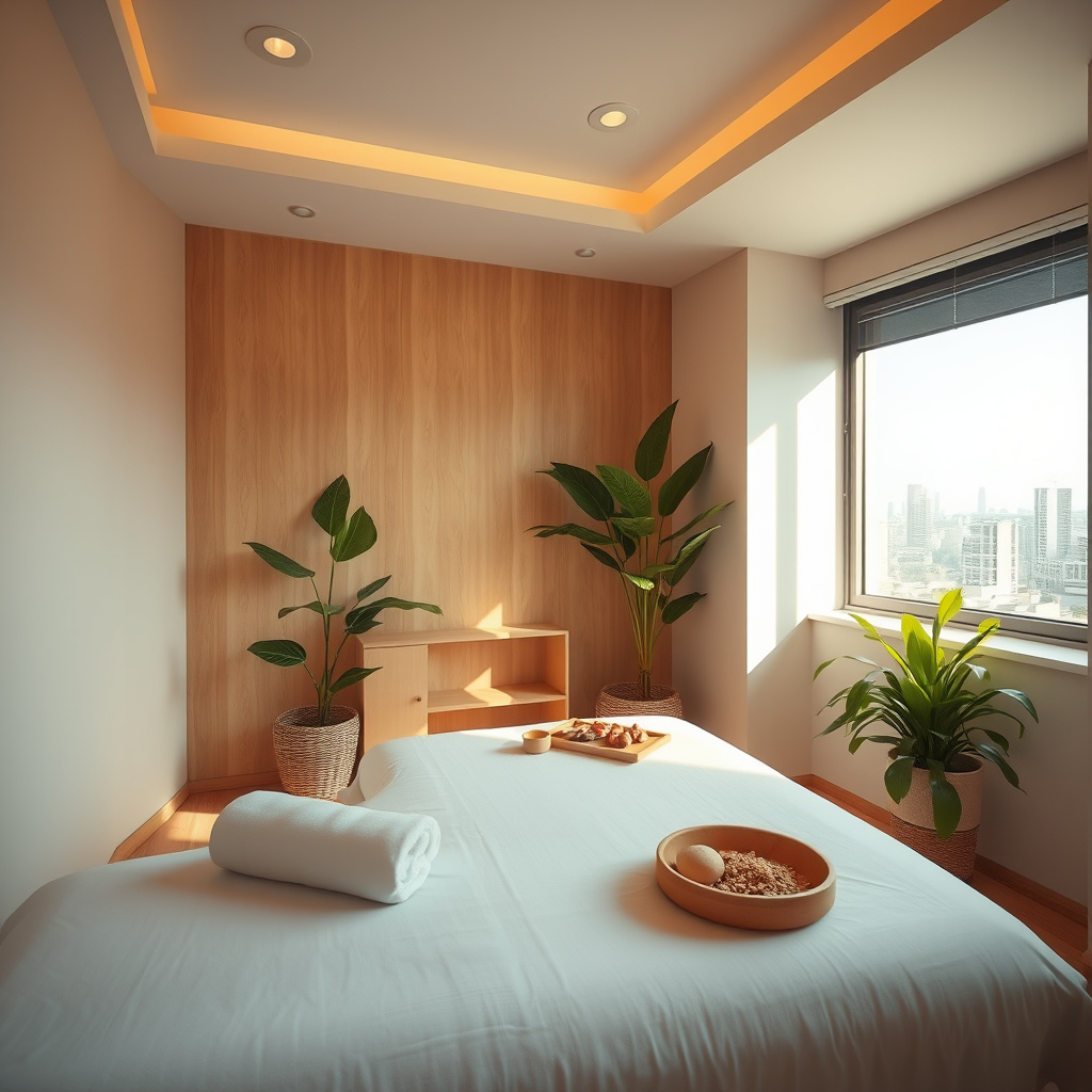 Sala de massagem com maca coberta por lençol branco, toalha enrolada, plantas e janela com vista urbana Sala de massagem com maca coberta por lençol branco, toalha enrolada, plantas e janela com vista urbana