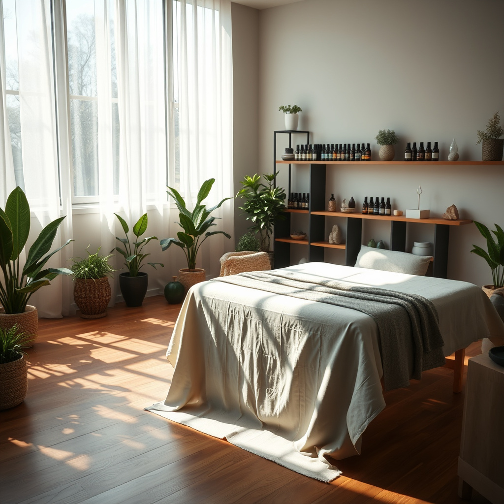 Sala iluminada com maca coberta, plantas em vasos e prateleiras com frascos. Sala iluminada com maca coberta, plantas em vasos e prateleiras com frascos.