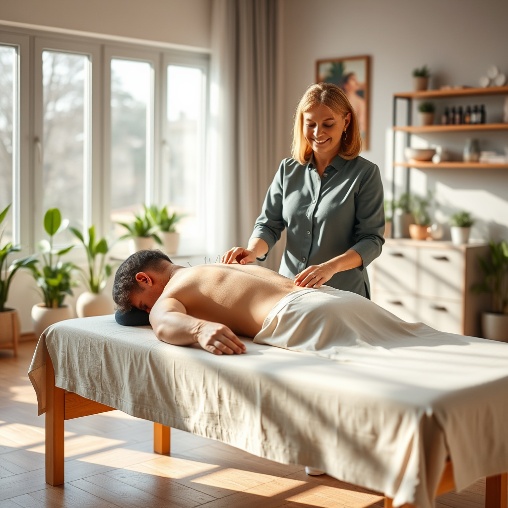 Terapeuta aplicando massagem nas costas de um homem deitado em uma maca em sala iluminada. Terapeuta aplicando massagem nas costas de um homem deitado em uma maca em sala iluminada.