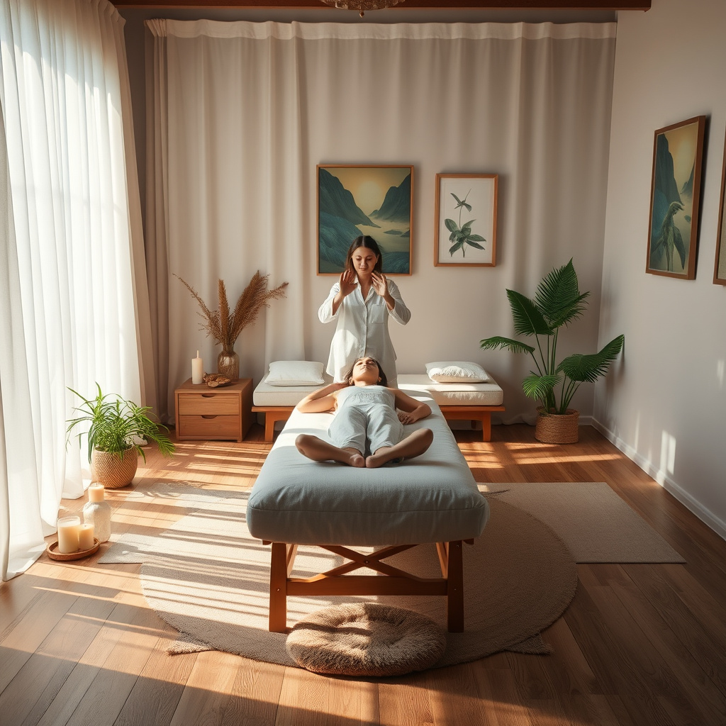 Sala iluminada com maca de massagem e terapeuta em pé atendendo pessoa deitada Sala iluminada com maca de massagem e terapeuta em pé atendendo pessoa deitada