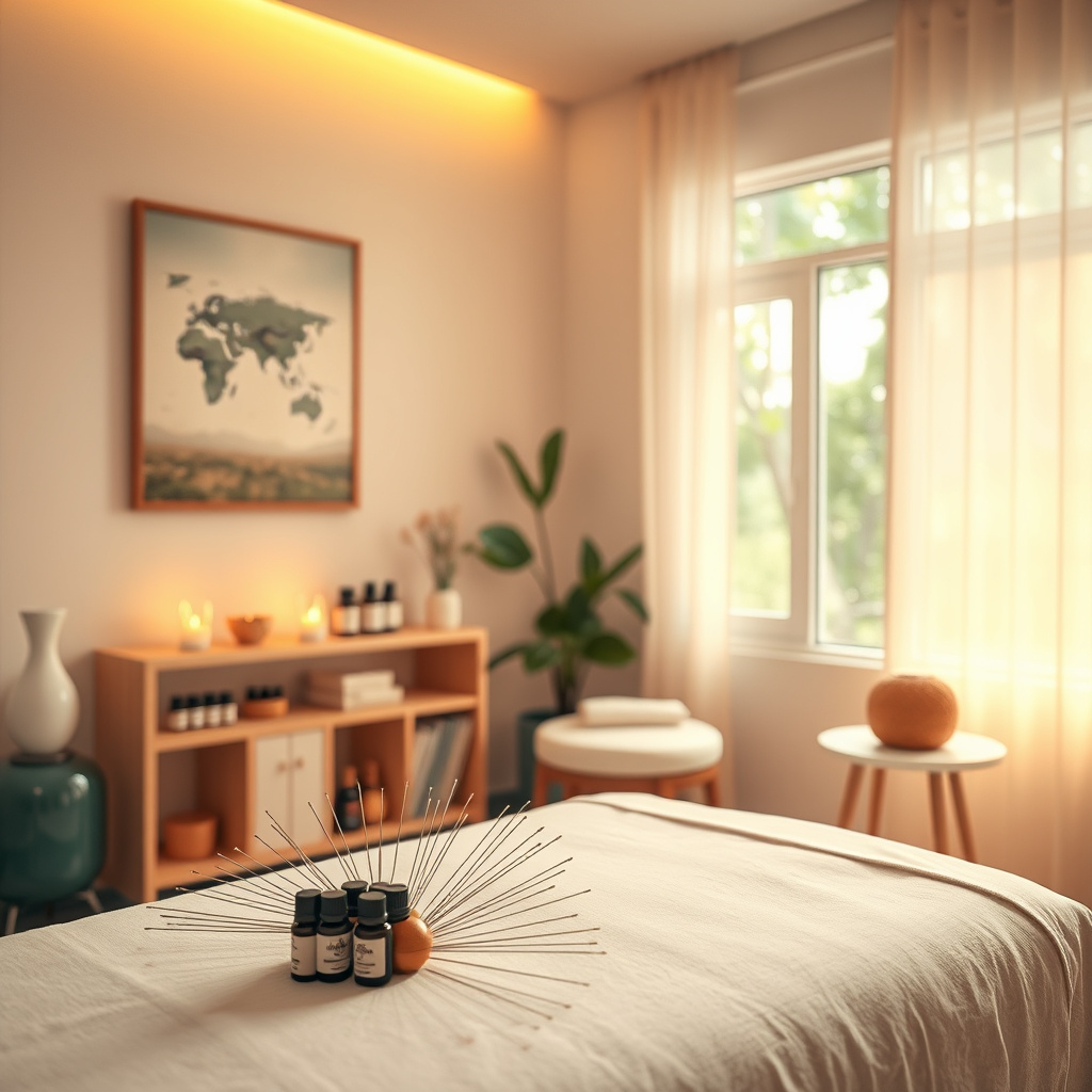 Sala de massagem com maca, frascos de óleo e agulhas dispostas em leque sobre a toalha. Sala de massagem com maca, frascos de óleo e agulhas dispostas em leque sobre a toalha.
