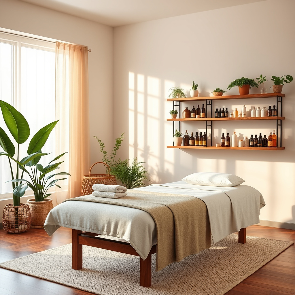 Sala de massagem iluminada com maca, toalhas dobradas, prateleiras com frascos e plantas Sala de massagem iluminada com maca, toalhas dobradas, prateleiras com frascos e plantas