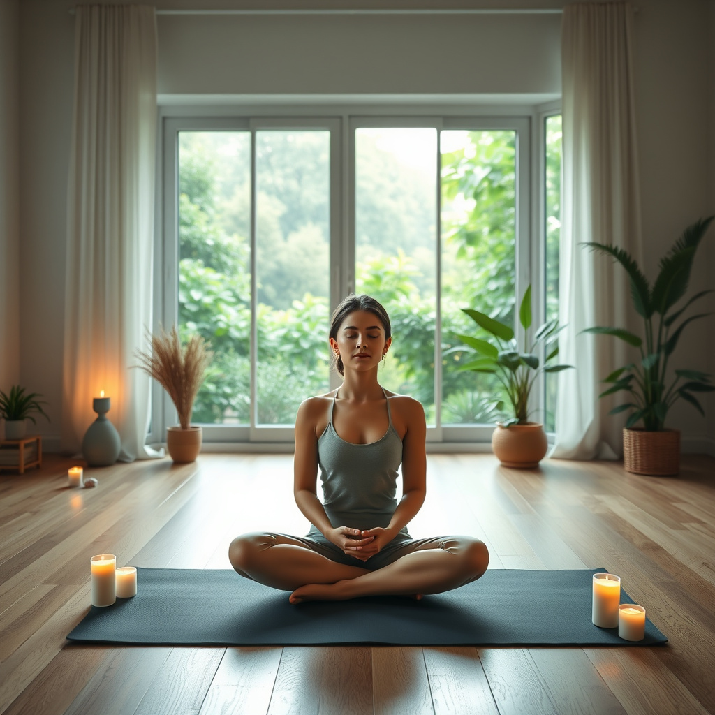 Mulher sentada em posição de lótus meditando em tapete de yoga numa sala com velas e plantas Mulher sentada em posição de lótus meditando em tapete de yoga numa sala com velas e plantas