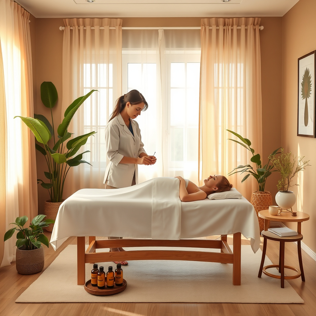Terapeuta preparando óleos ao lado de paciente deitada em maca em sala de spa clara Terapeuta preparando óleos ao lado de paciente deitada em maca em sala de spa clara