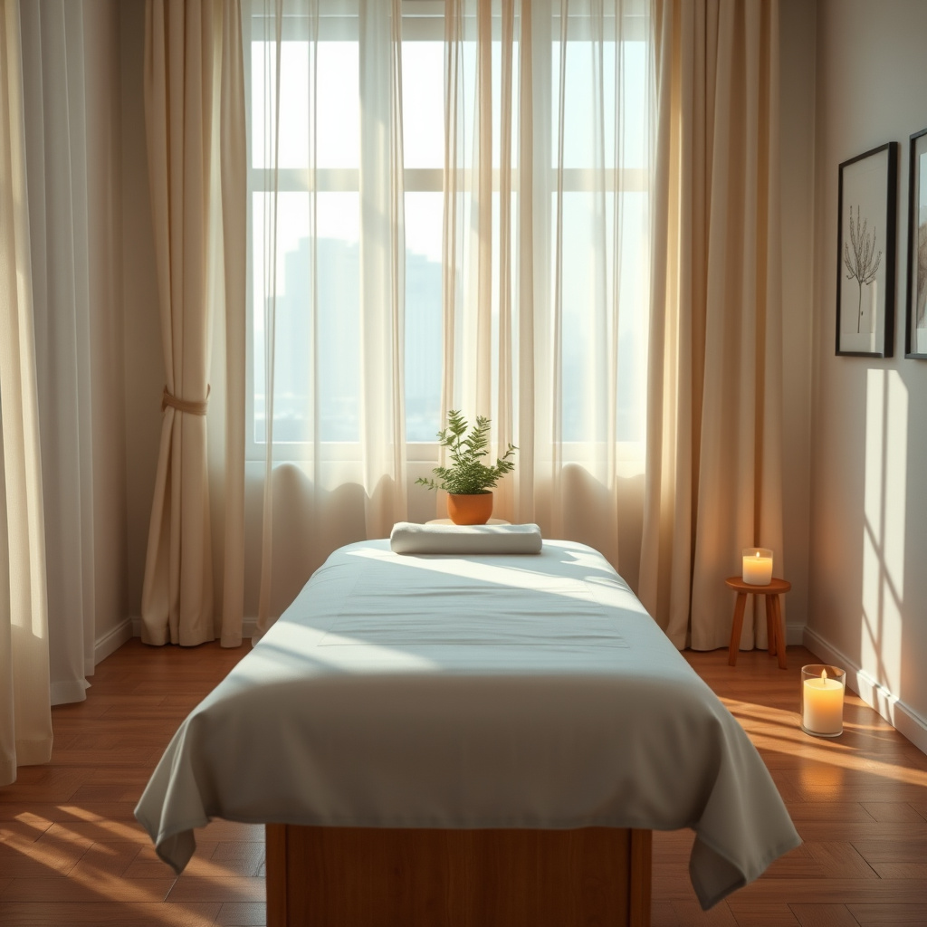Sala iluminada com maca coberta por lençol, planta sobre a maca, velas acesas e cortinas translúcidas. Sala iluminada com maca coberta por lençol, planta sobre a maca, velas acesas e cortinas translúcidas.
