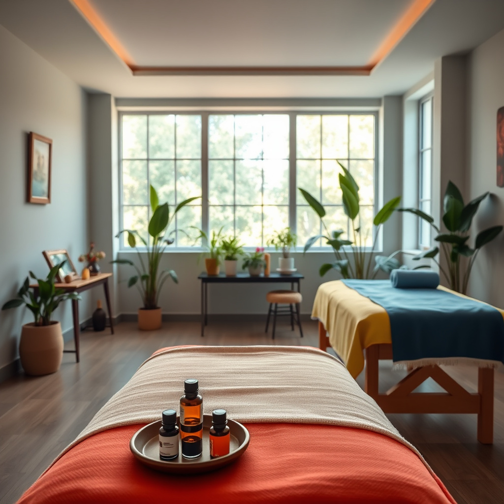 Sala de massagem iluminada com duas macas, frascos de óleo em primeiro plano e plantas junto à janela Sala de massagem iluminada com duas macas, frascos de óleo em primeiro plano e plantas junto à janela