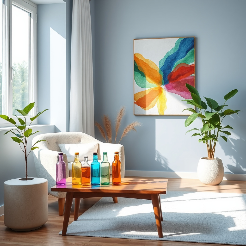 Sala de estar iluminada com poltrona, mesa de centro com garrafas coloridas e quadro abstrato Sala de estar iluminada com poltrona, mesa de centro com garrafas coloridas e quadro abstrato