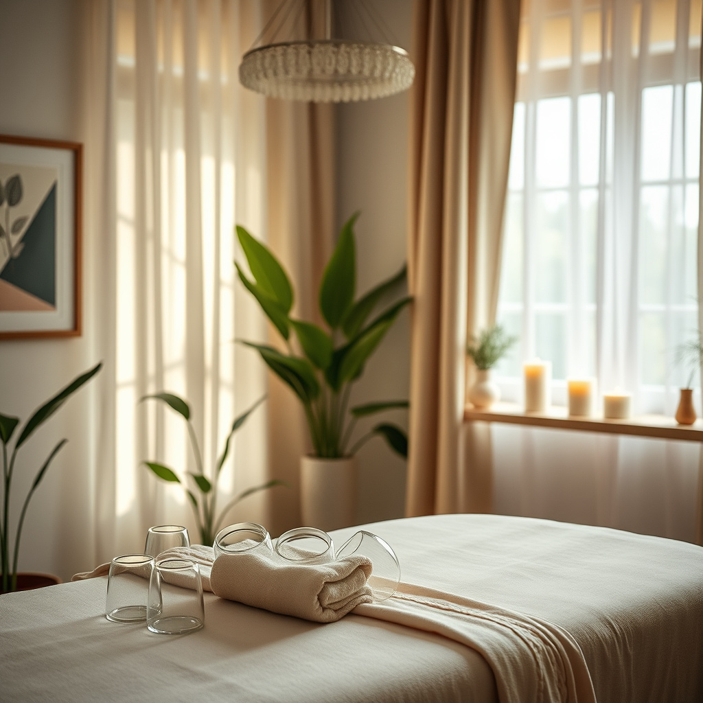 Maca de massagem com toalha e copos de vidro em sala iluminada com plantas e velas Maca de massagem com toalha e copos de vidro em sala iluminada com plantas e velas