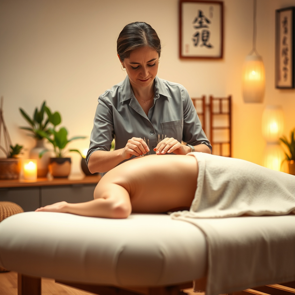 Terapeuta colocando agulhas de acupuntura nas costas de um paciente deitado em mesa de massagem. Terapeuta colocando agulhas de acupuntura nas costas de um paciente deitado em mesa de massagem.