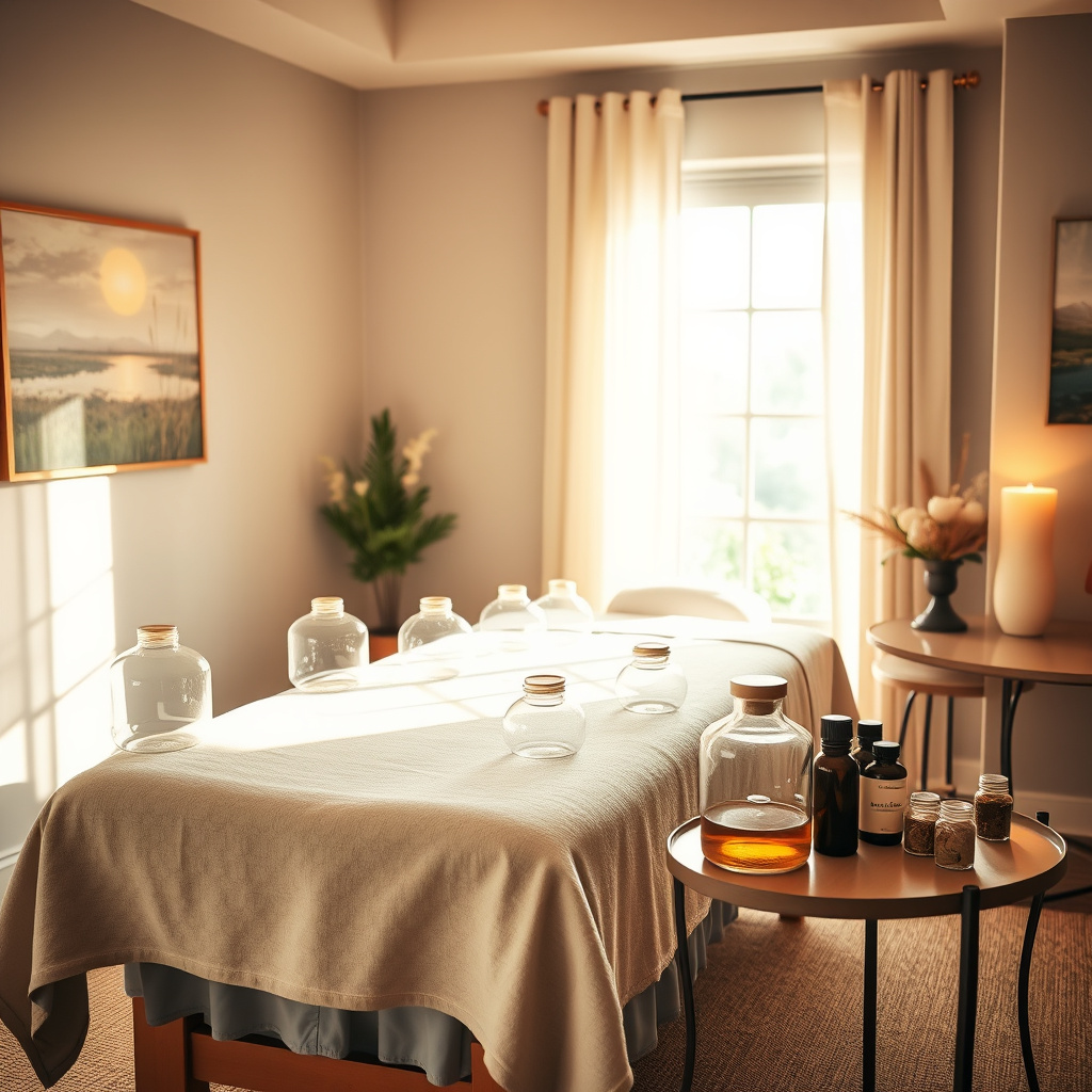 Sala de spa com maca coberta por tecido bege e vários frascos de vidro e óleos sobre a maca e mesas. Sala de spa com maca coberta por tecido bege e vários frascos de vidro e óleos sobre a maca e mesas.