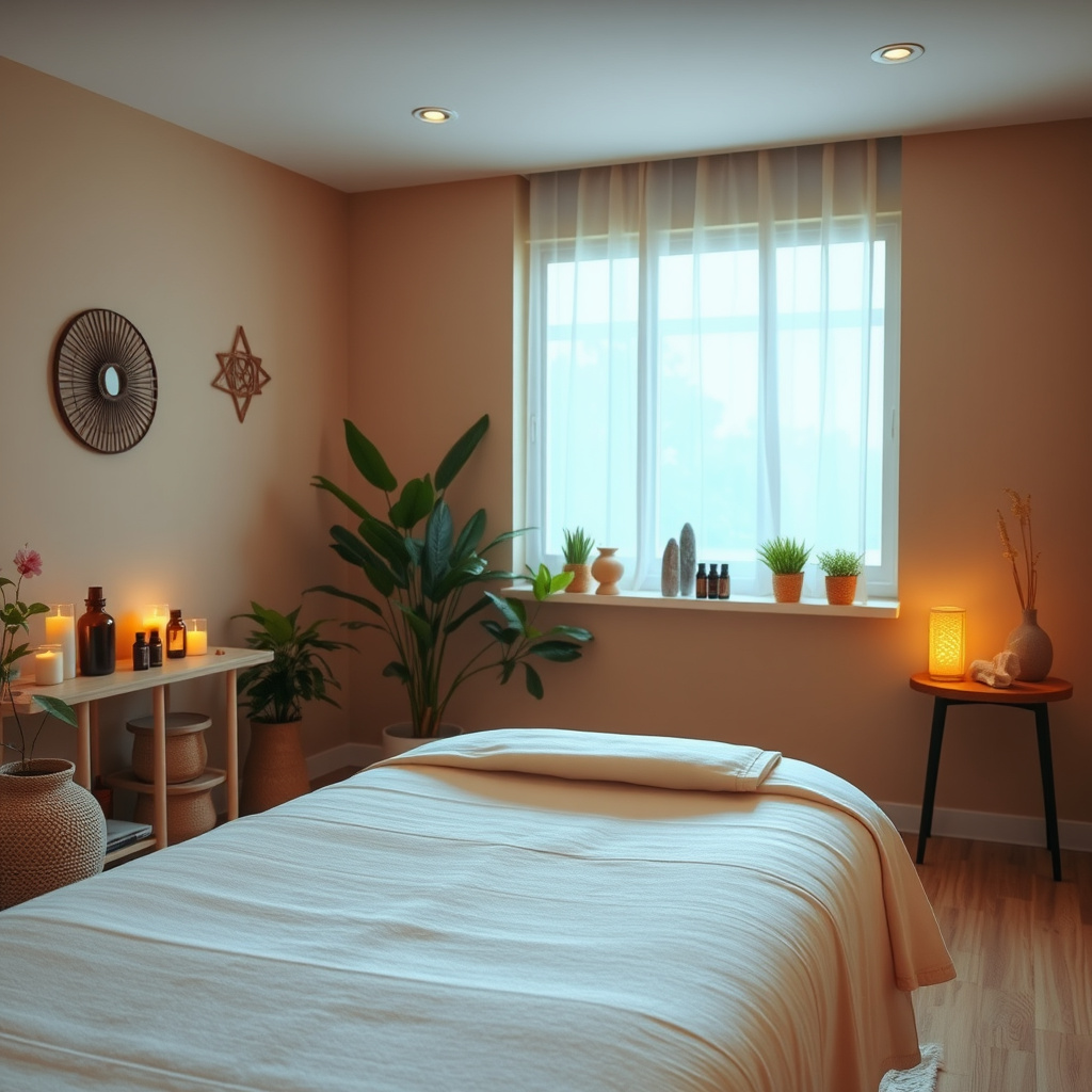 Sala de massagem aconchegante com maca, velas, plantas e iluminação suave Sala de massagem aconchegante com maca, velas, plantas e iluminação suave