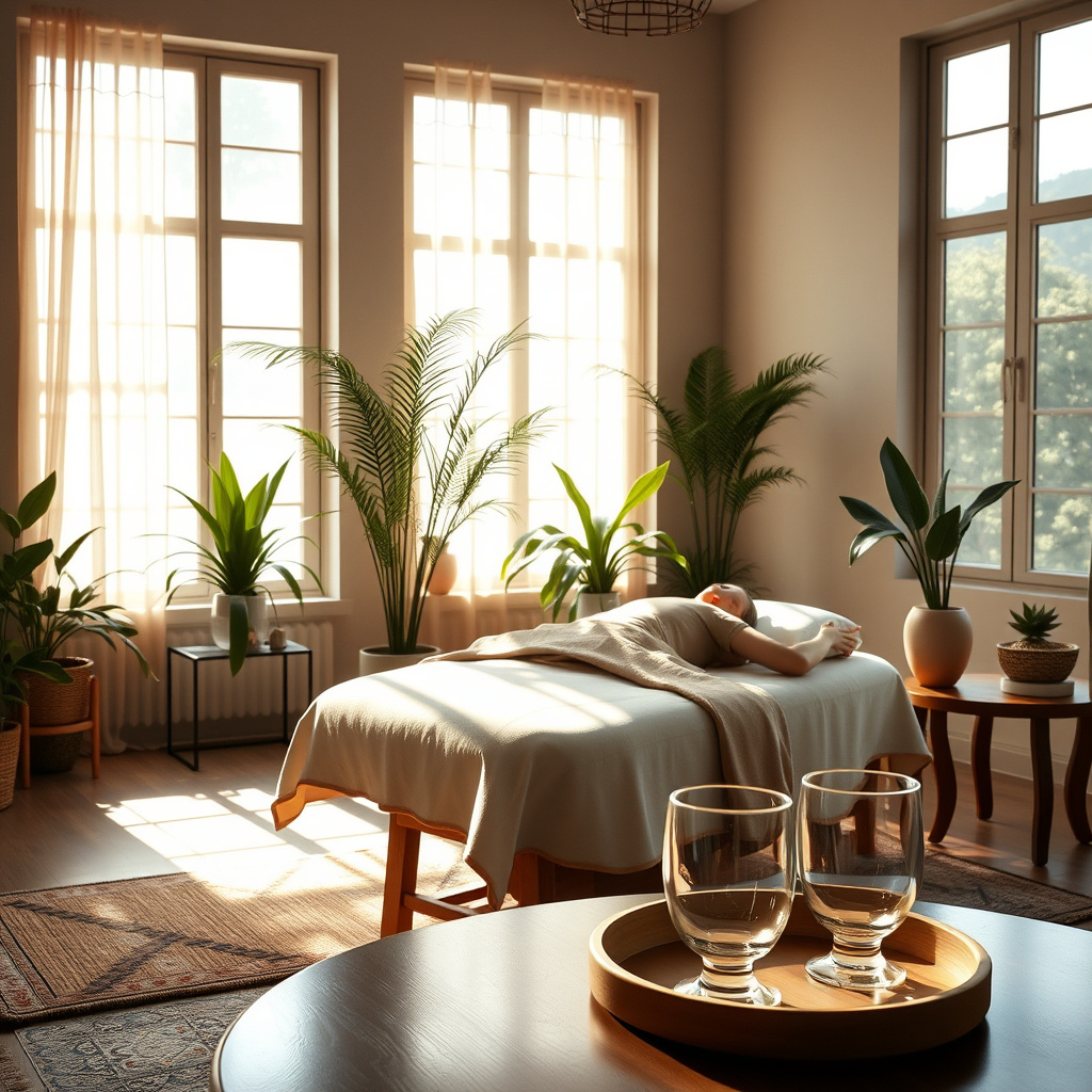 Sala iluminada com maca de massagem, pessoa coberta, plantas e duas taças sobre bandeja em primeiro plano Sala iluminada com maca de massagem, pessoa coberta, plantas e duas taças sobre bandeja em primeiro plano