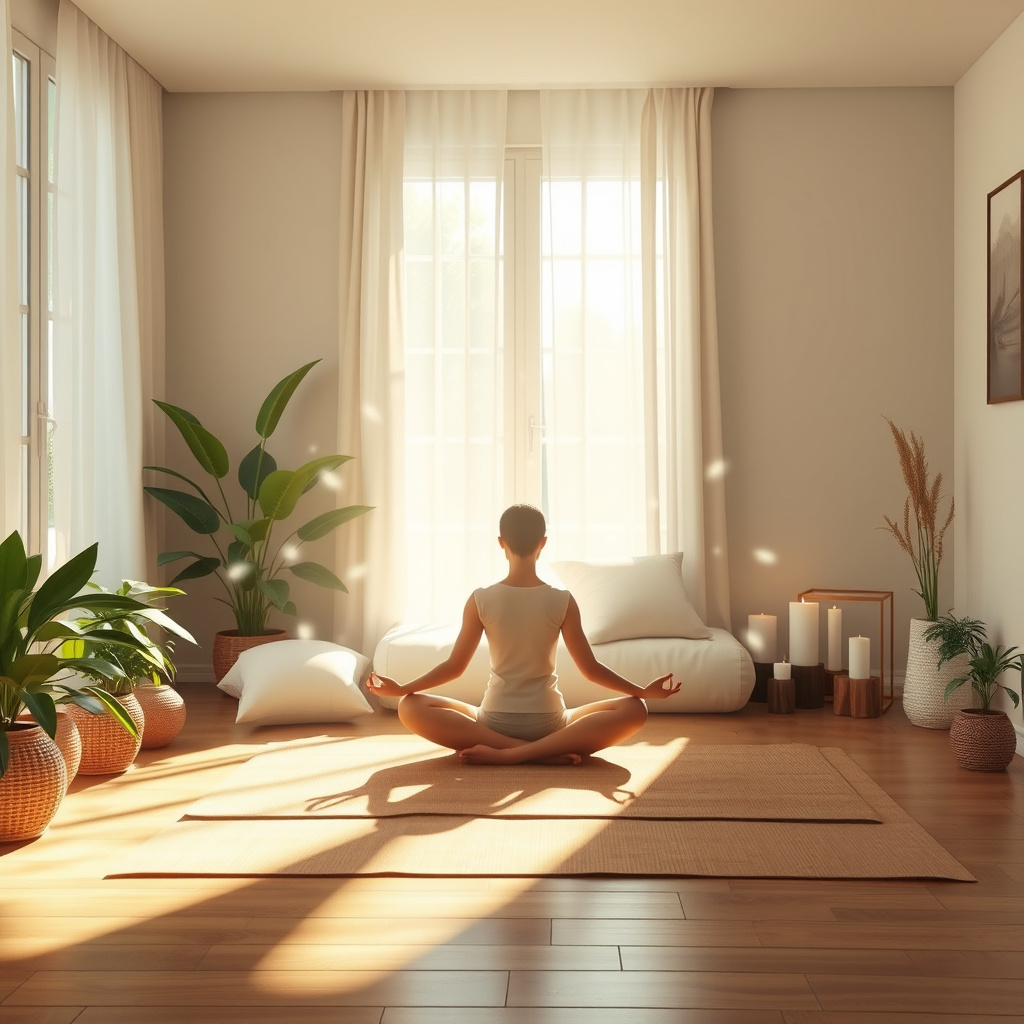 Pessoa sentada de costas em posição de lótus meditando em sala iluminada pelo sol, com plantas e velas Pessoa sentada de costas em posição de lótus meditando em sala iluminada pelo sol, com plantas e velas