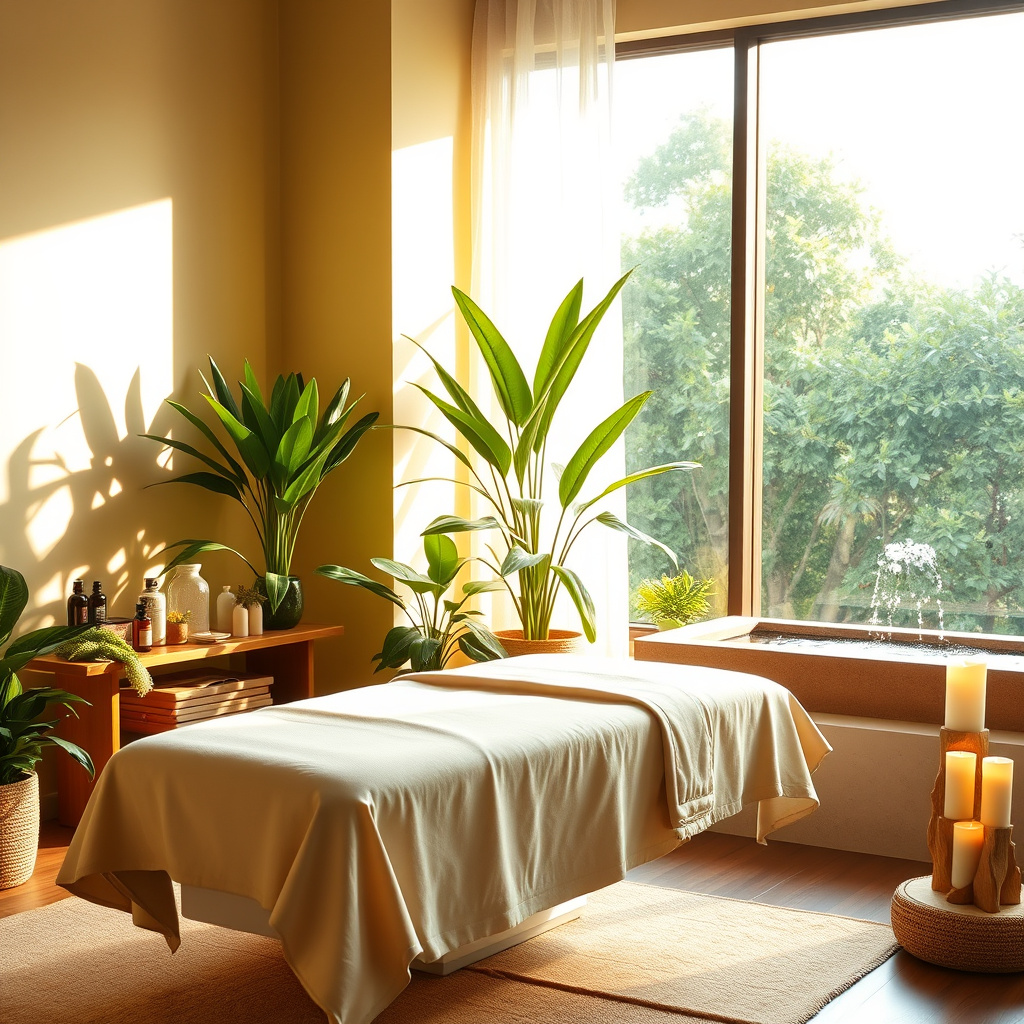 Maca de massagem coberta com lençol bege, plantas em vasos, velas e luz natural entrando pela janela Maca de massagem coberta com lençol bege, plantas em vasos, velas e luz natural entrando pela janela