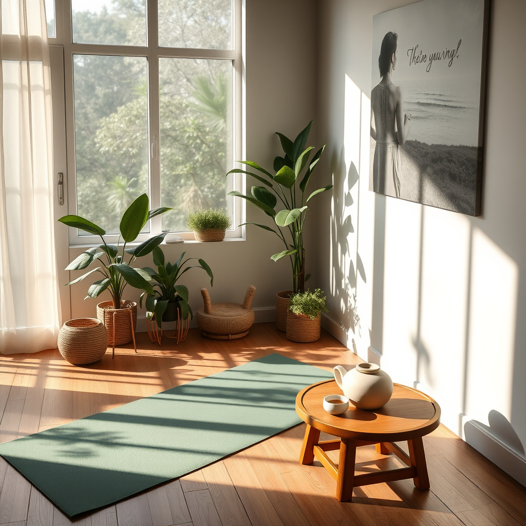 Sala iluminada por janela com tapete de yoga verde, plantas em vasos e mesa baixa com bule Sala iluminada por janela com tapete de yoga verde, plantas em vasos e mesa baixa com bule