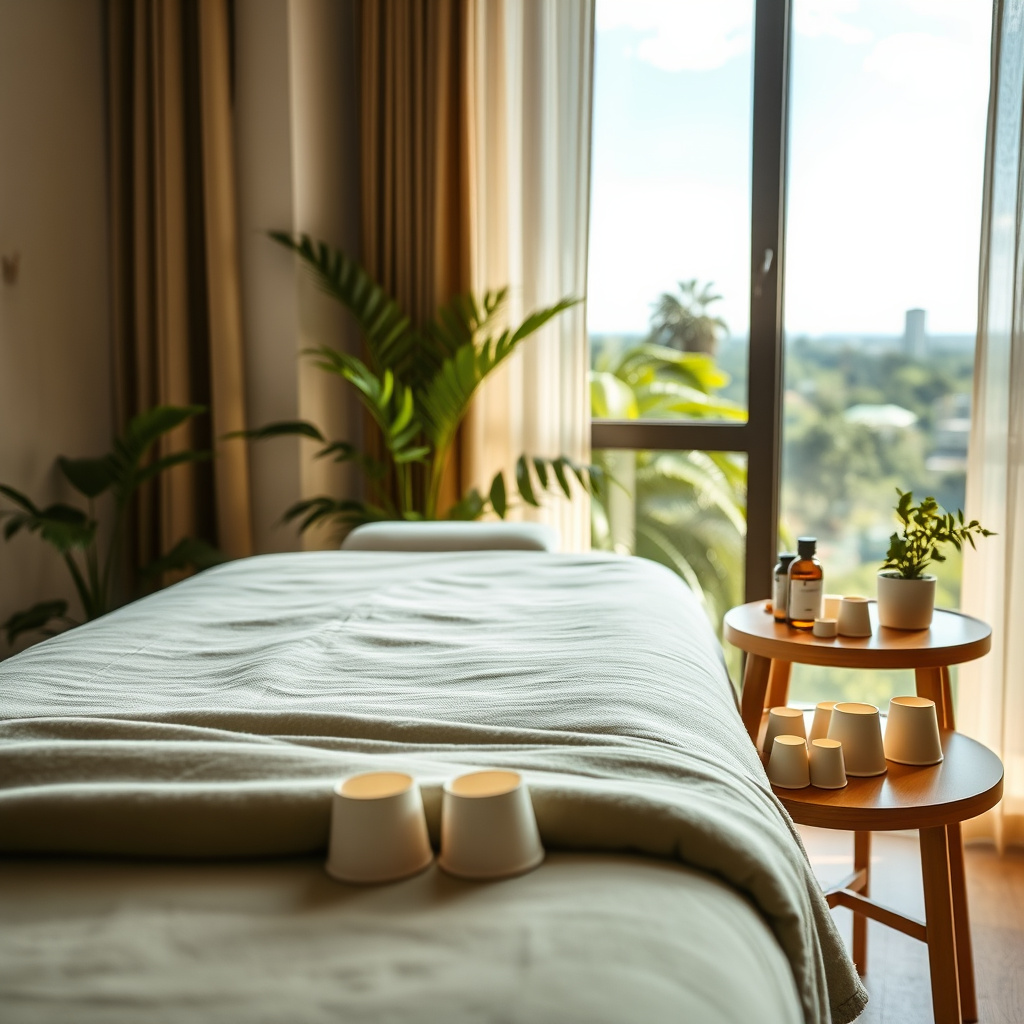 Cama de massagem iluminada com copos de ventosa e mesa lateral com frascos e plantas junto à janela Cama de massagem iluminada com copos de ventosa e mesa lateral com frascos e plantas junto à janela