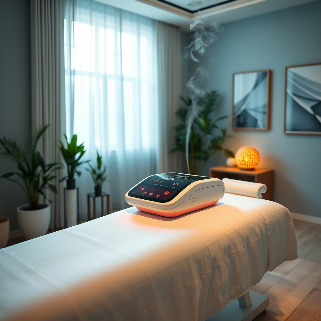 Aparelho eletrônico com tela sobre maca de massagem em sala de spa com plantas e iluminação suave Aparelho eletrônico com tela sobre maca de massagem em sala de spa com plantas e iluminação suave