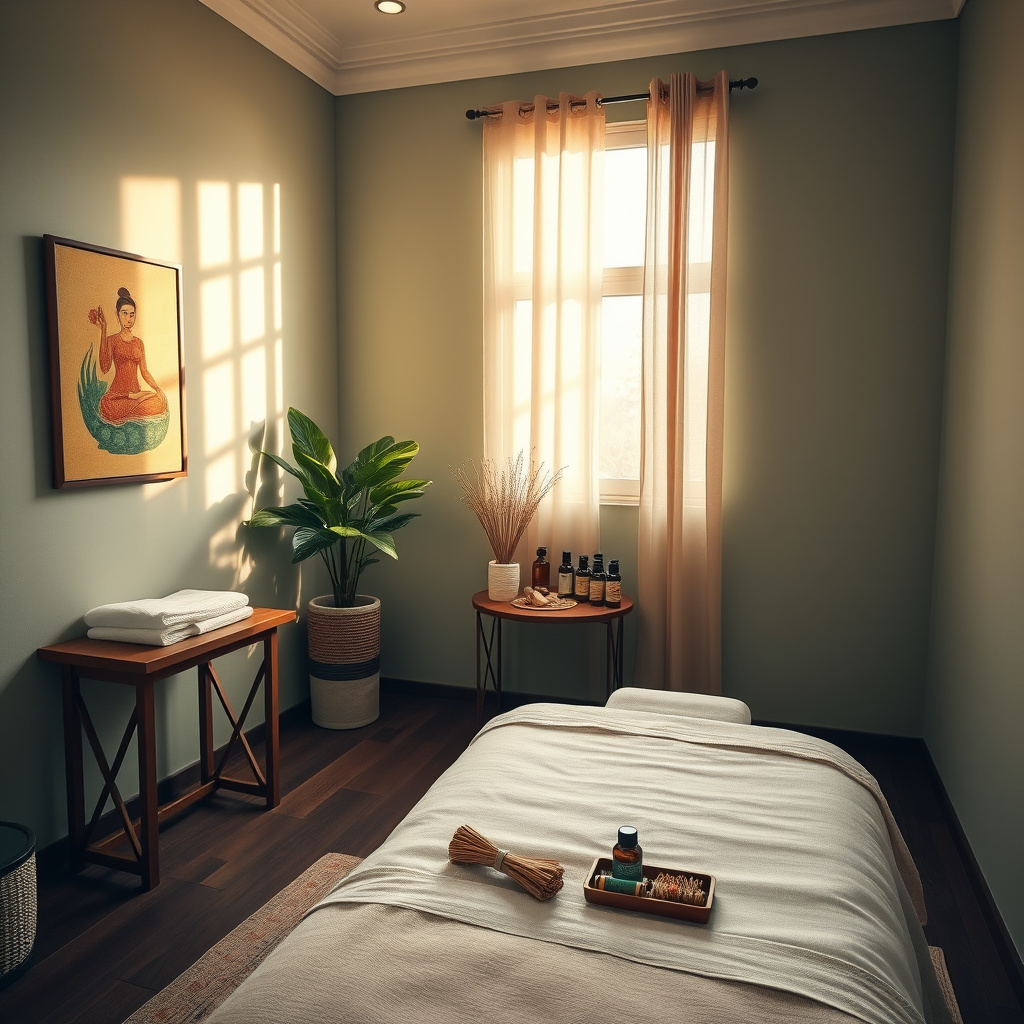 Sala de massagem com maca coberta, cortina clara, mesa lateral com frascos e planta. Sala de massagem com maca coberta, cortina clara, mesa lateral com frascos e planta.