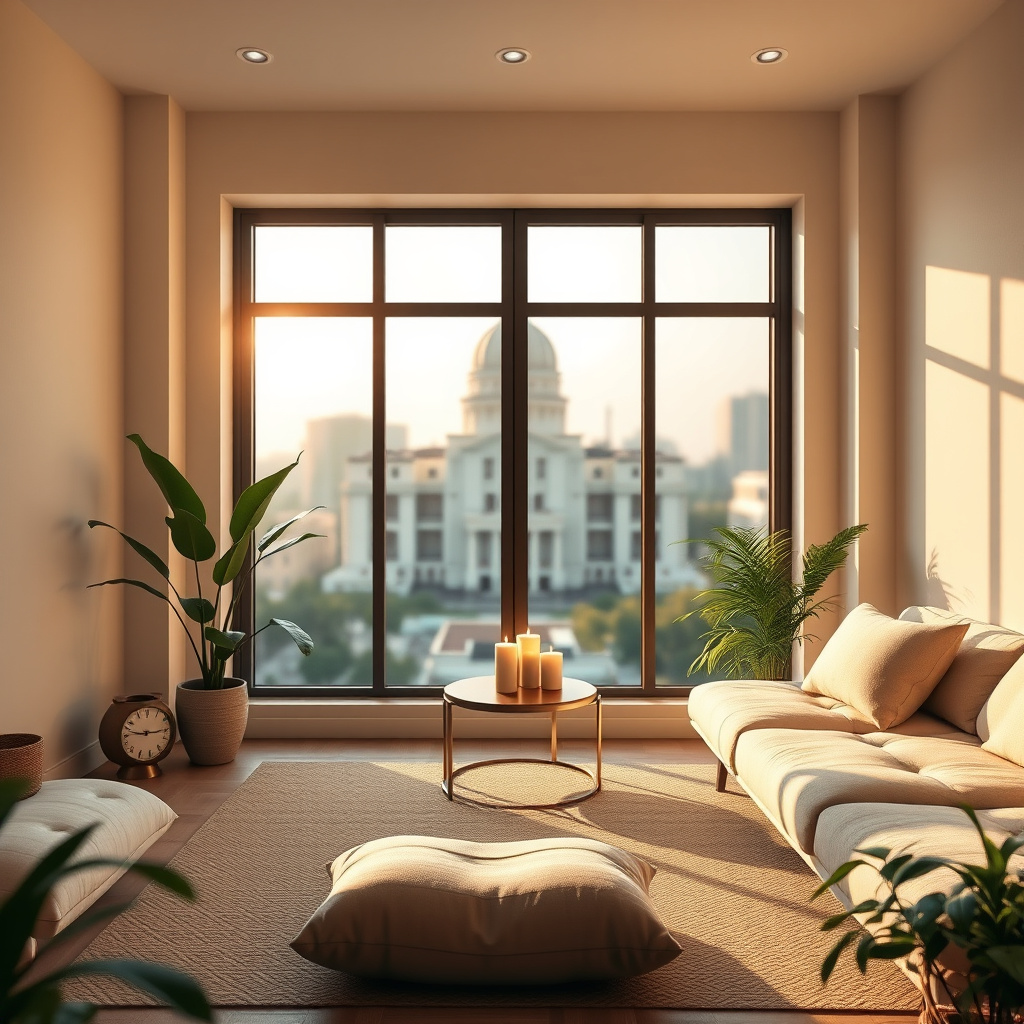 Sala de estar iluminada com sofá, almofada no chão, mesa com velas e grande janela com vista urbana Sala de estar iluminada com sofá, almofada no chão, mesa com velas e grande janela com vista urbana