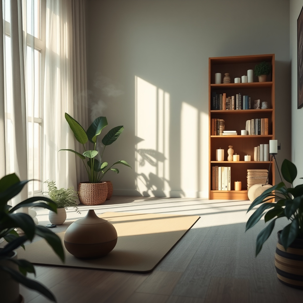 Sala iluminada com plantas em vasos, estante de madeira e tapete junto à janela Sala iluminada com plantas em vasos, estante de madeira e tapete junto à janela