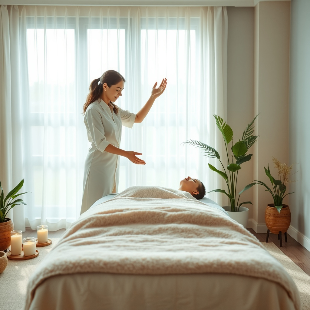 Terapeuta com as mãos sobre paciente deitado em mesa, ambiente iluminado com cortina, velas e plantas Terapeuta com as mãos sobre paciente deitado em mesa, ambiente iluminado com cortina, velas e plantas