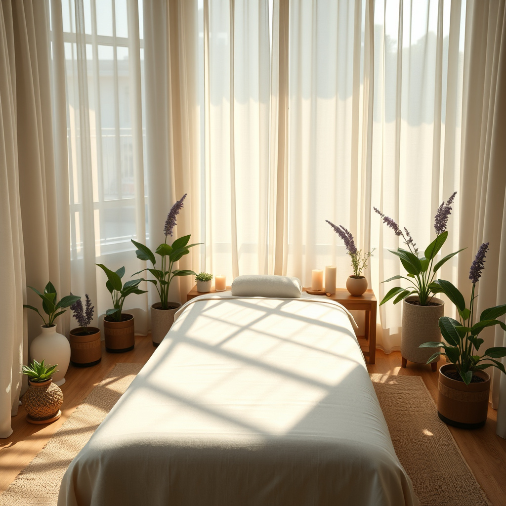 Cama de massagem em sala iluminada por cortinas claras, com vasos de plantas e velas ao redor Cama de massagem em sala iluminada por cortinas claras, com vasos de plantas e velas ao redor