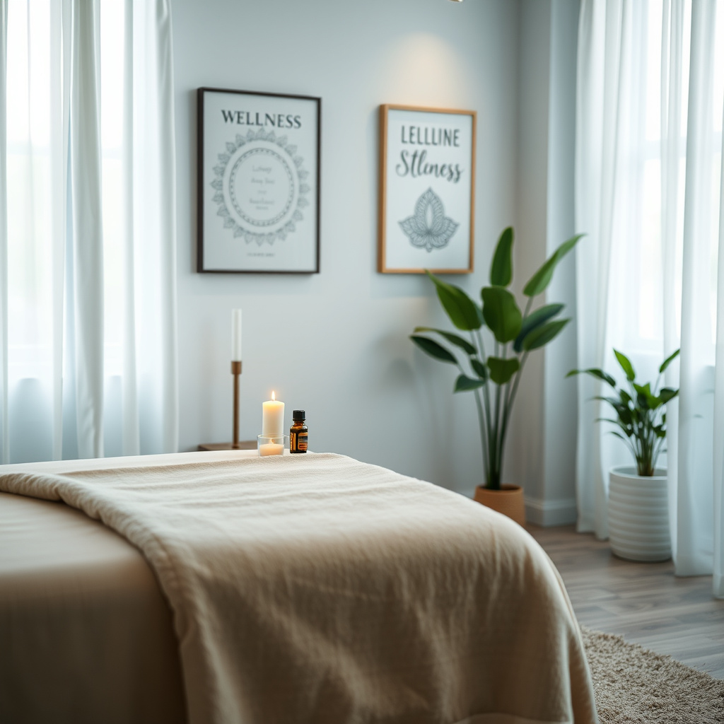 Sala de massagem com maca coberta, vela acesa, frasco de óleo essencial e plantas Sala de massagem com maca coberta, vela acesa, frasco de óleo essencial e plantas