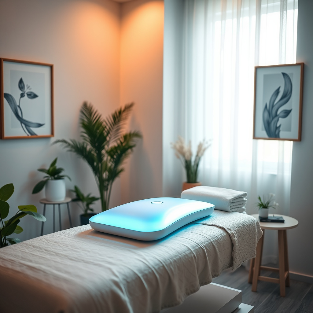 Sala de massagem com maca e aparelho iluminado em azul sobre a cama Sala de massagem com maca e aparelho iluminado em azul sobre a cama