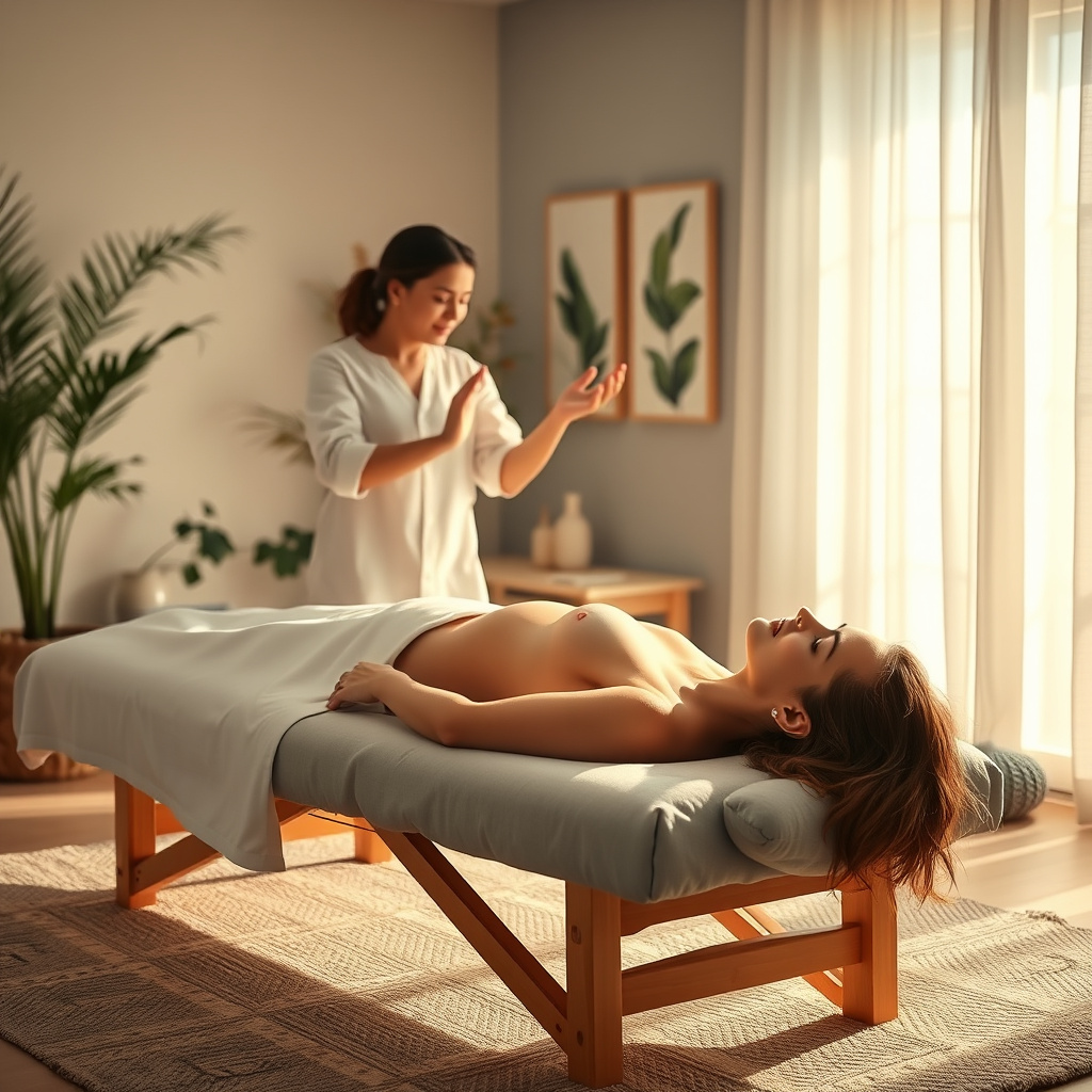 Mulher deitada em mesa de massagem com torso exposto enquanto terapeuta se prepara em ambiente iluminado Mulher deitada em mesa de massagem com torso exposto enquanto terapeuta se prepara em ambiente iluminado